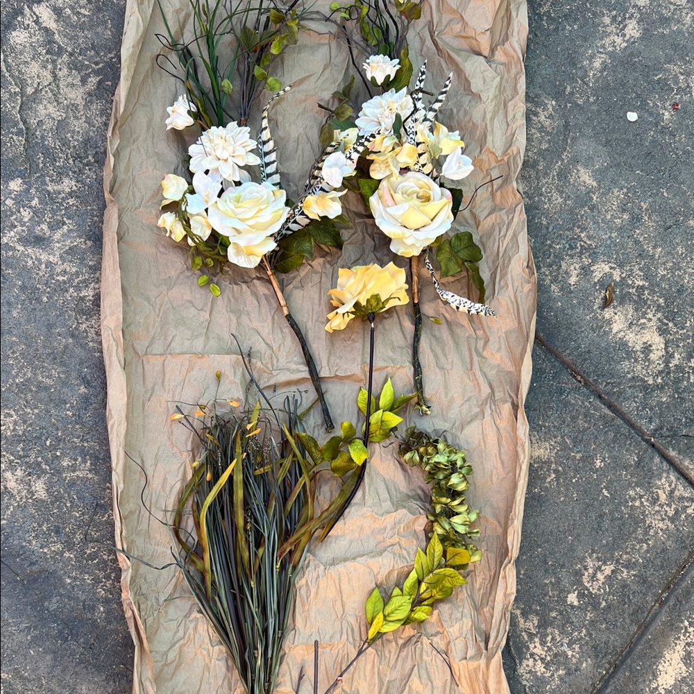 Hobby Lobby Cream and Green Floral Arrangement with Feather Accent for spring